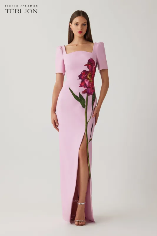 Crepe Flower Print Short Sleeve Column Gown made by Teri Jon