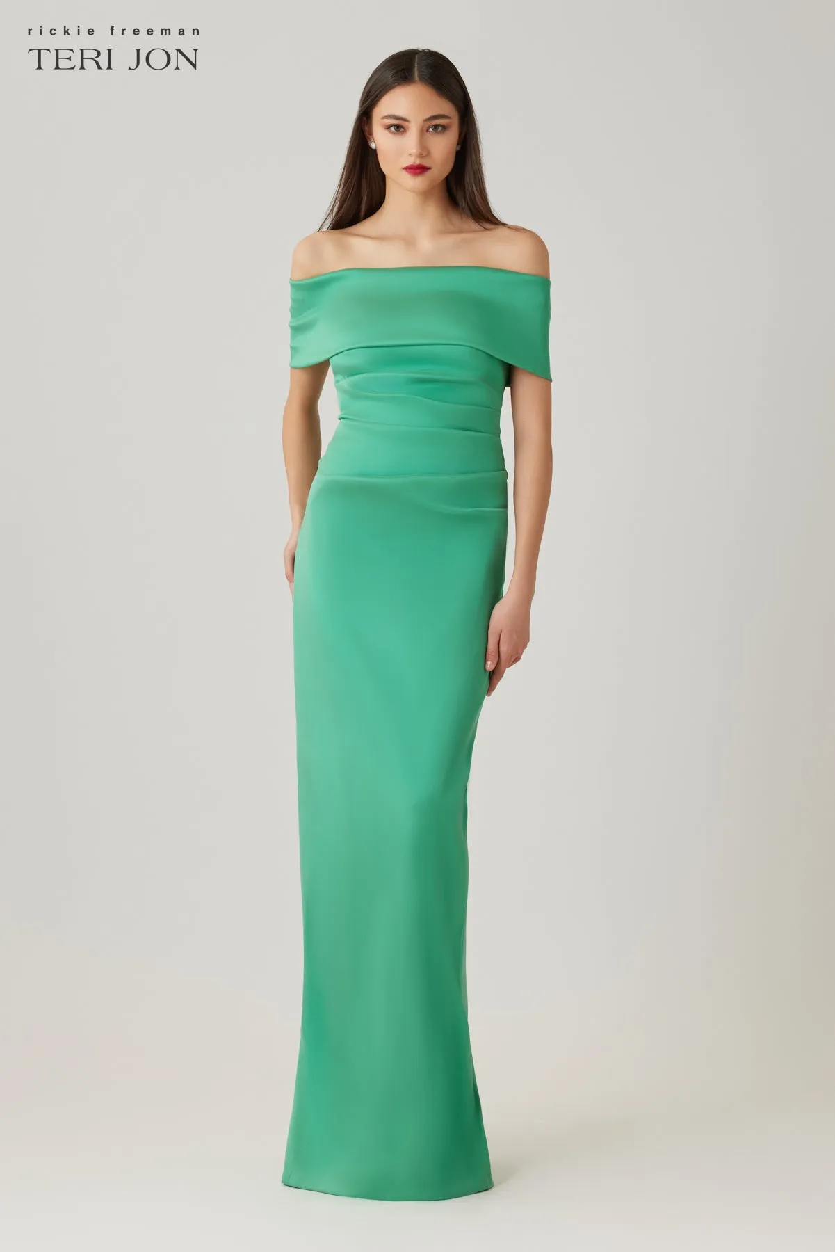 Stretch Mikado Off The Shoulder Draped Column Gown sold by Teri Jon
