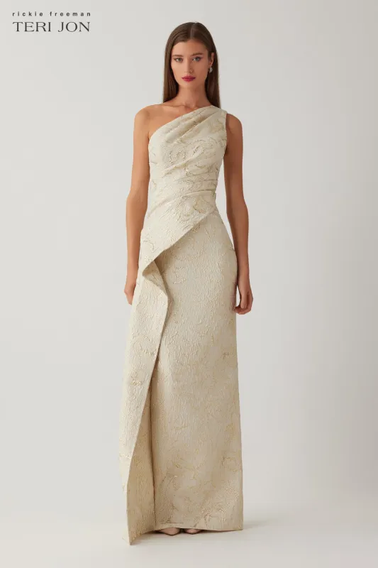 Metallic Jacquard Side Drape Peplum Gown made by Teri Jon