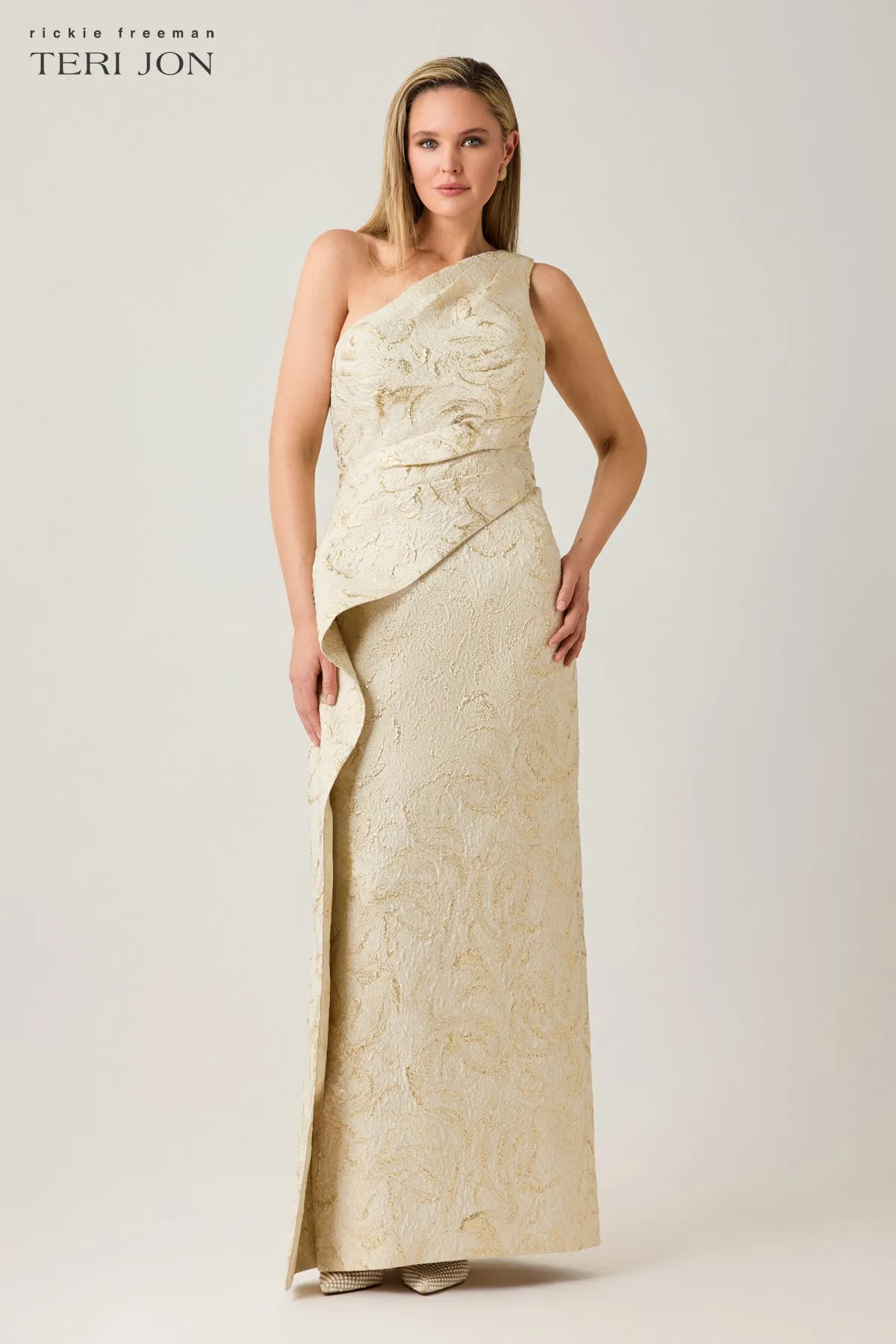 Metallic Jacquard Side Drape Peplum Gown sold by Teri Jon product image thumbnail 2