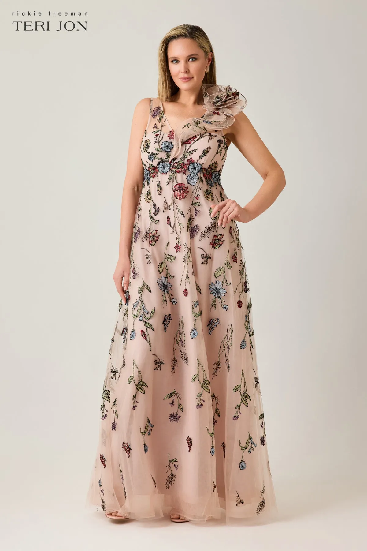 Embroidered Floral Tulle Empire Gown sold by Teri Jon product image thumbnail 5