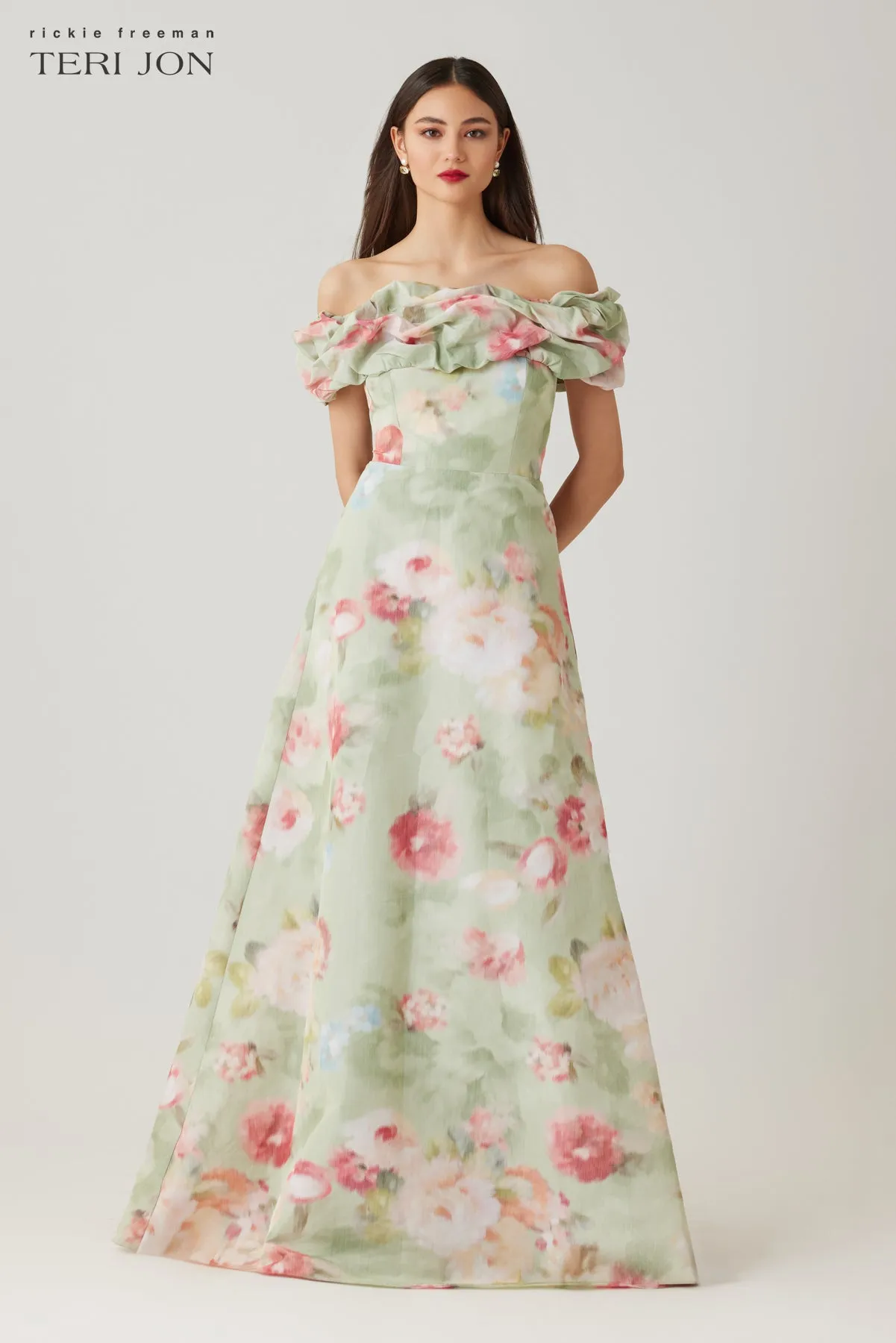 Taffeta Printed Ruched Neck Gown sold by Teri Jon