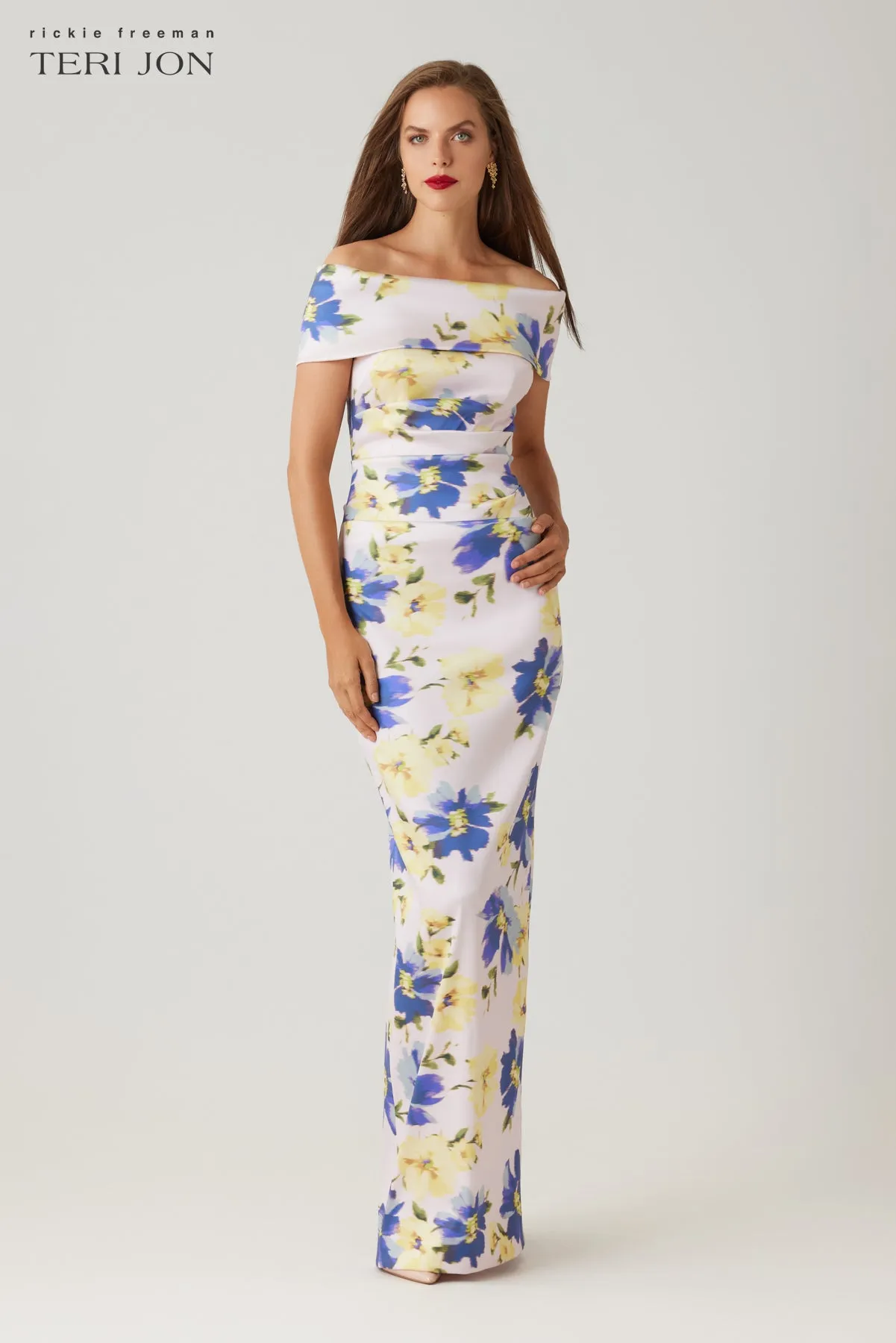 Mikado Digital Print Ruched Bodice Gown sold by Teri Jon product image thumbnail 3