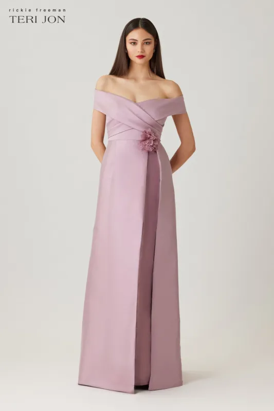 Mikado Off The Shoulder Overlay Skirt Gown made by Teri Jon