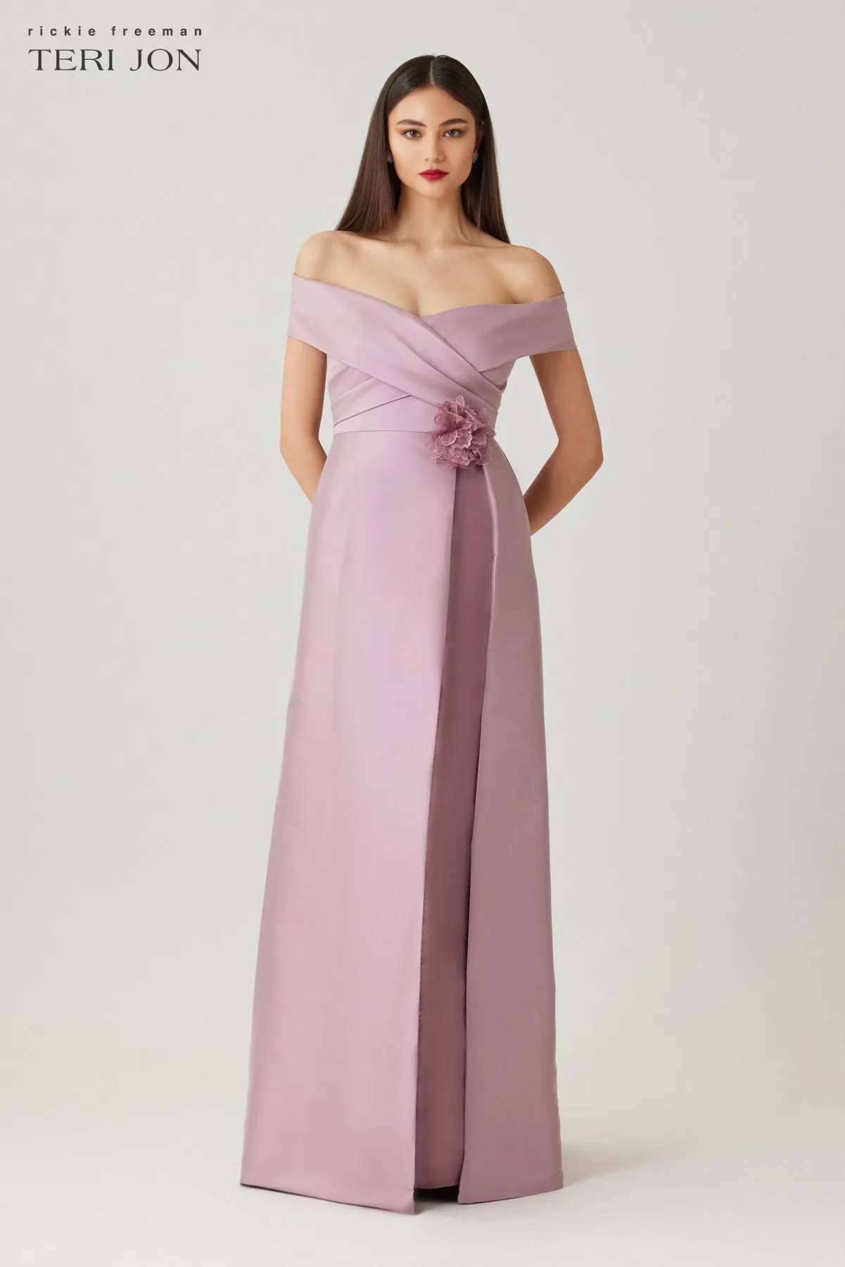 Mikado Off The Shoulder Overlay Skirt Gown sold by Teri Jon