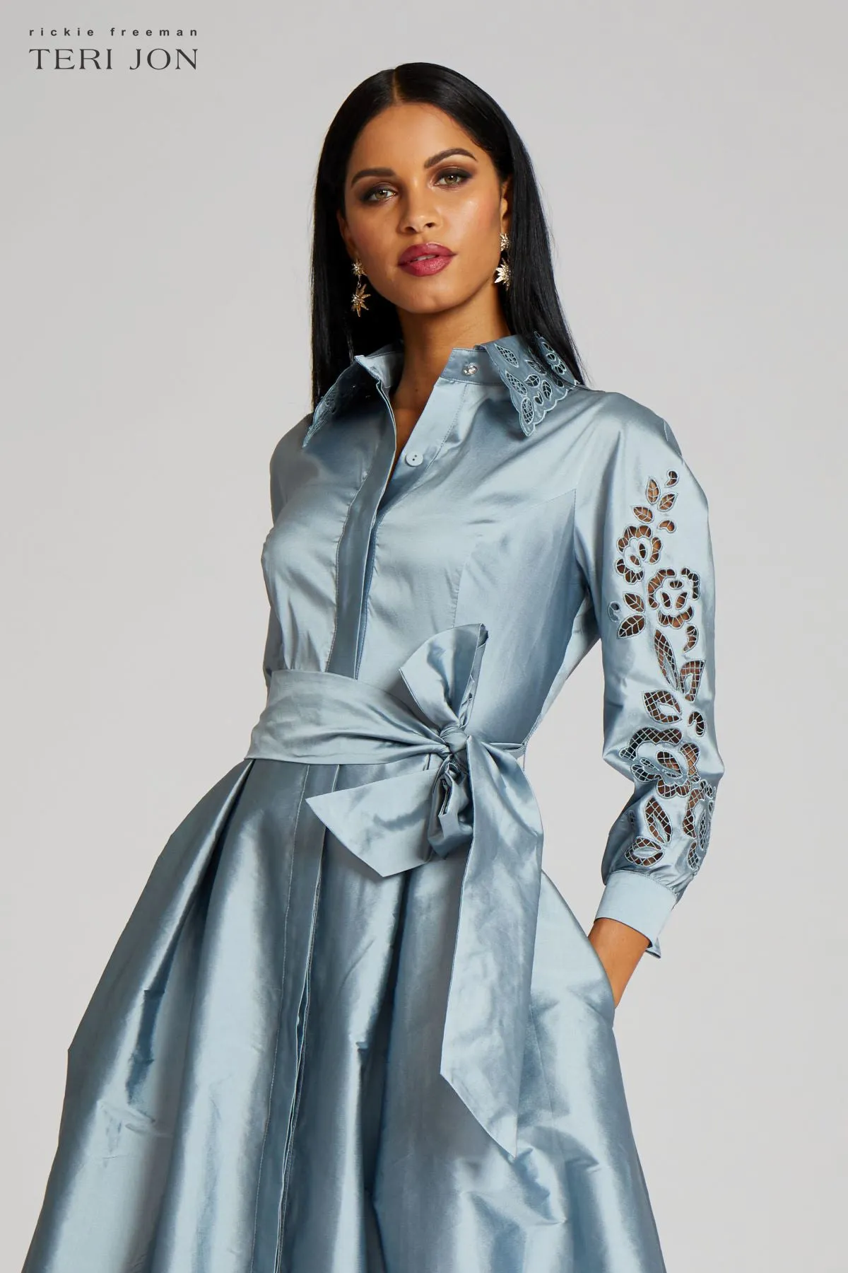Taffeta Shirtdress Gown With Eyelet Detail sold by Teri Jon product image thumbnail 5