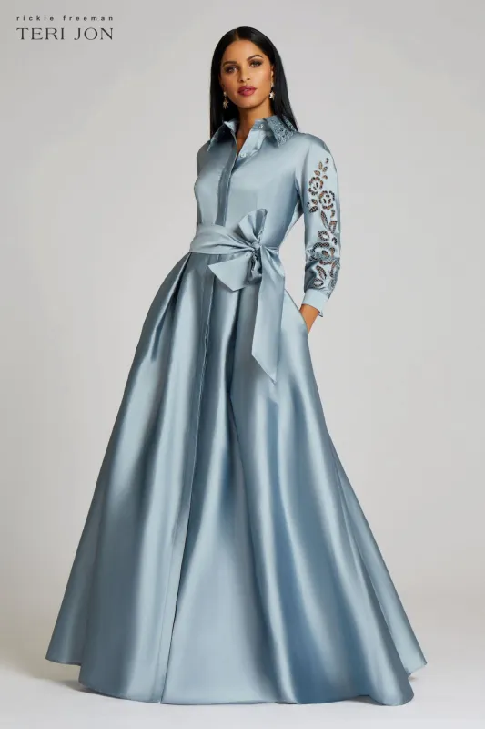 Taffeta Shirtdress Gown With Eyelet Detail made by Teri Jon