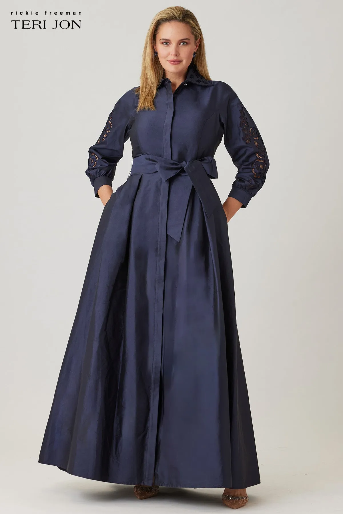 Taffeta Shirtdress Gown With Eyelet Detail sold by Teri Jon product image thumbnail 2