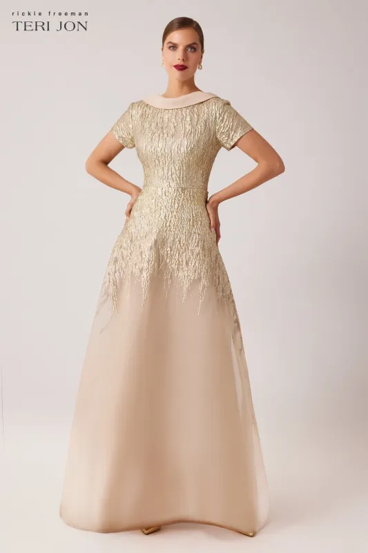 Roll Neck Metallic Organza Jacquard Gown made by Teri Jon
