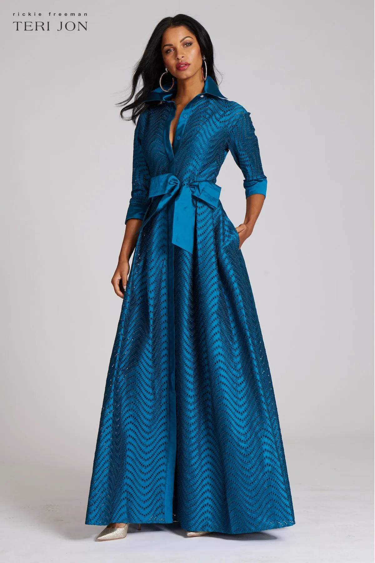 Taffeta Chevron Eyelet Shirt Waist Gown sold by Teri Jon product image thumbnail 3
