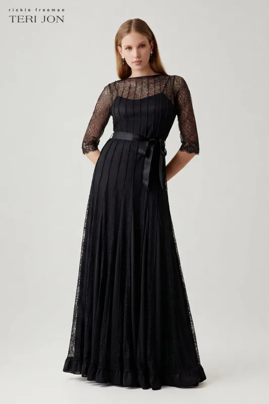 Lace Pintuck Ruffle Hem Gown made by Teri Jon