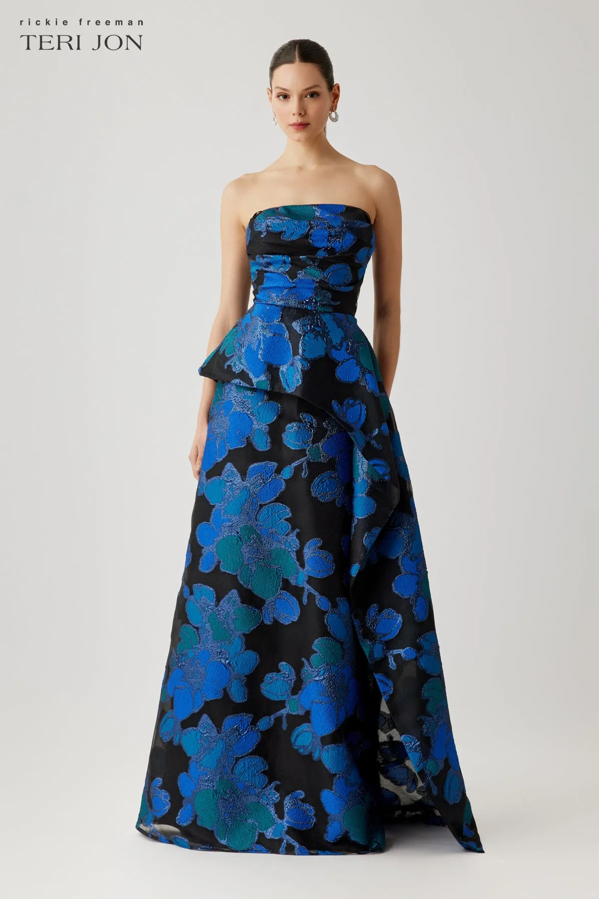 Strapless Organza Jacquard Draped Bodice Peplum Gown sold by Teri Jon product image thumbnail 3