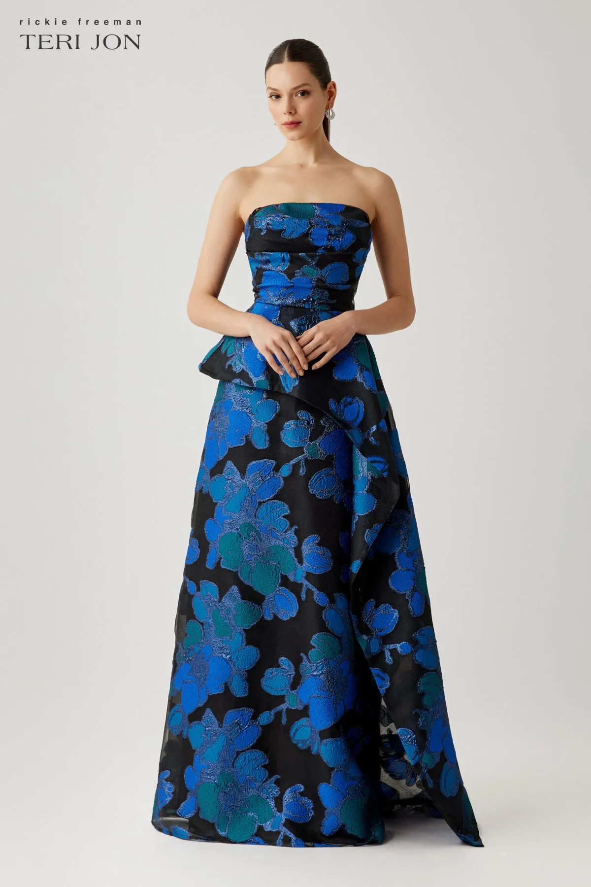 Strapless Organza Jacquard Draped Bodice Peplum Gown sold by Teri Jon product image thumbnail 2