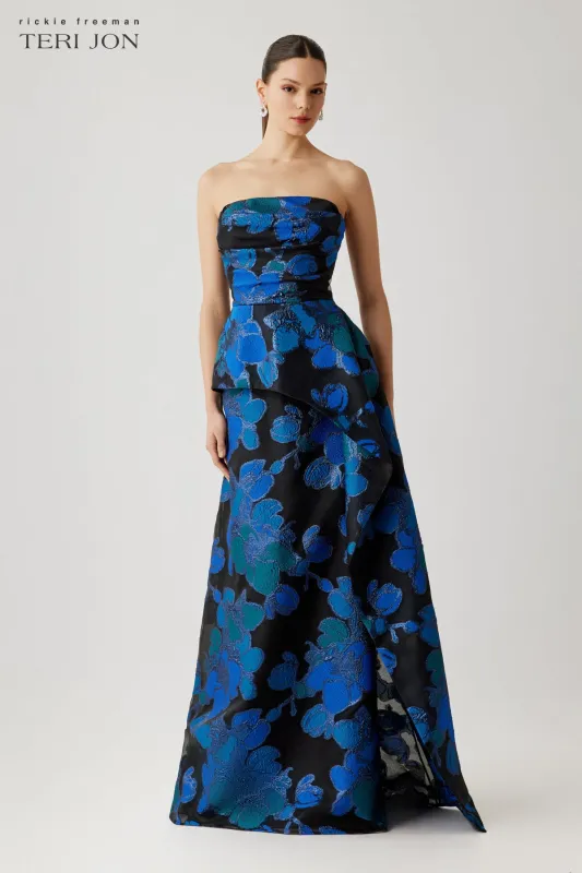 Strapless Organza Jacquard Draped Bodice Peplum Gown made by Teri Jon
