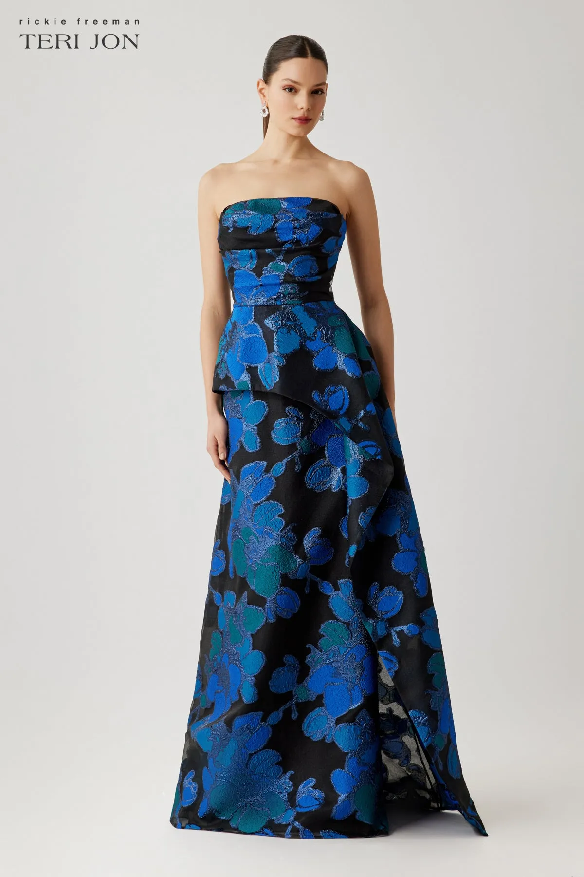 Strapless Organza Jacquard Draped Bodice Peplum Gown sold by Teri Jon