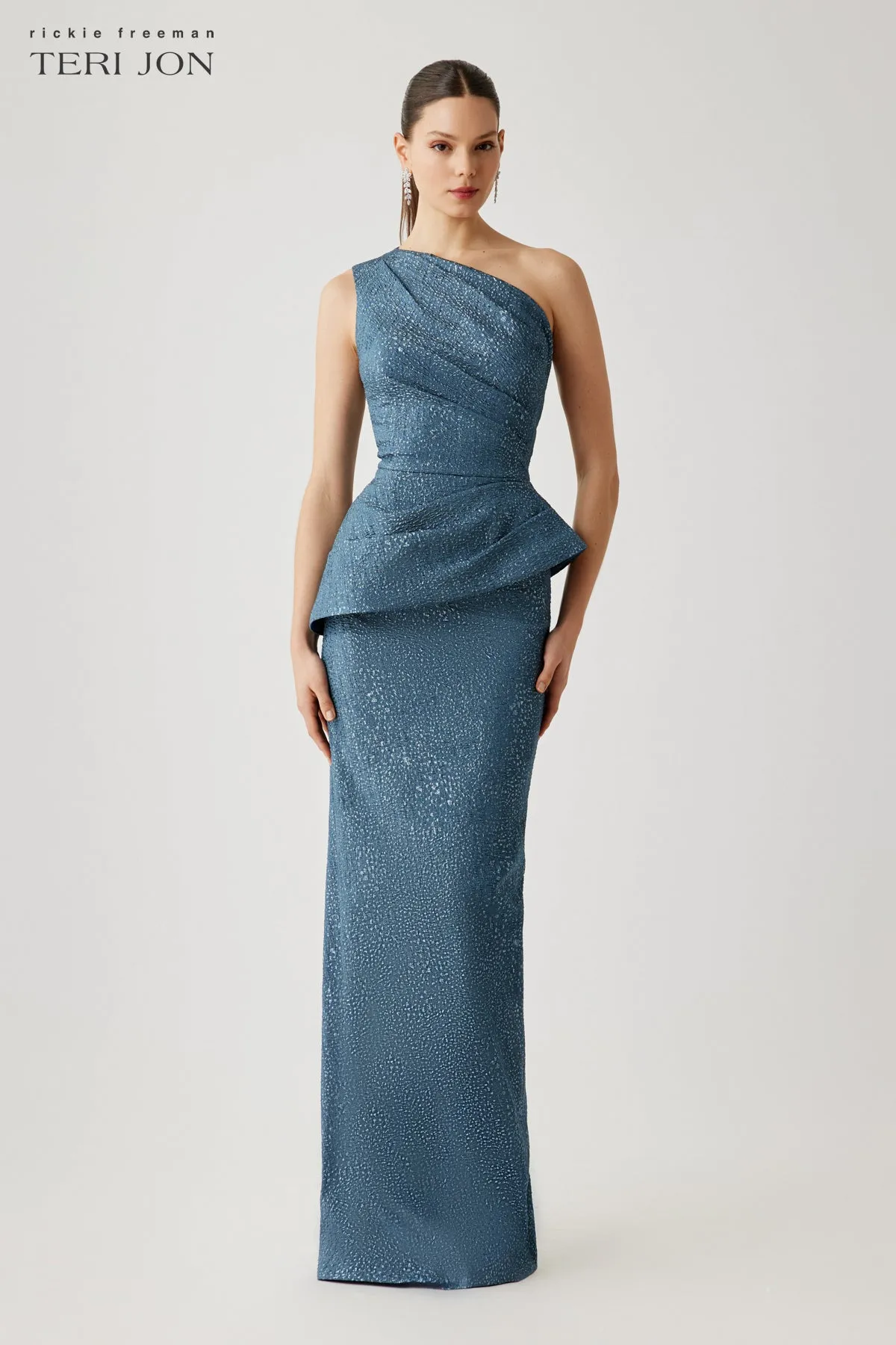 Metallic Jacquard One Shoulder Side Drape Peplum Gown sold by Teri Jon