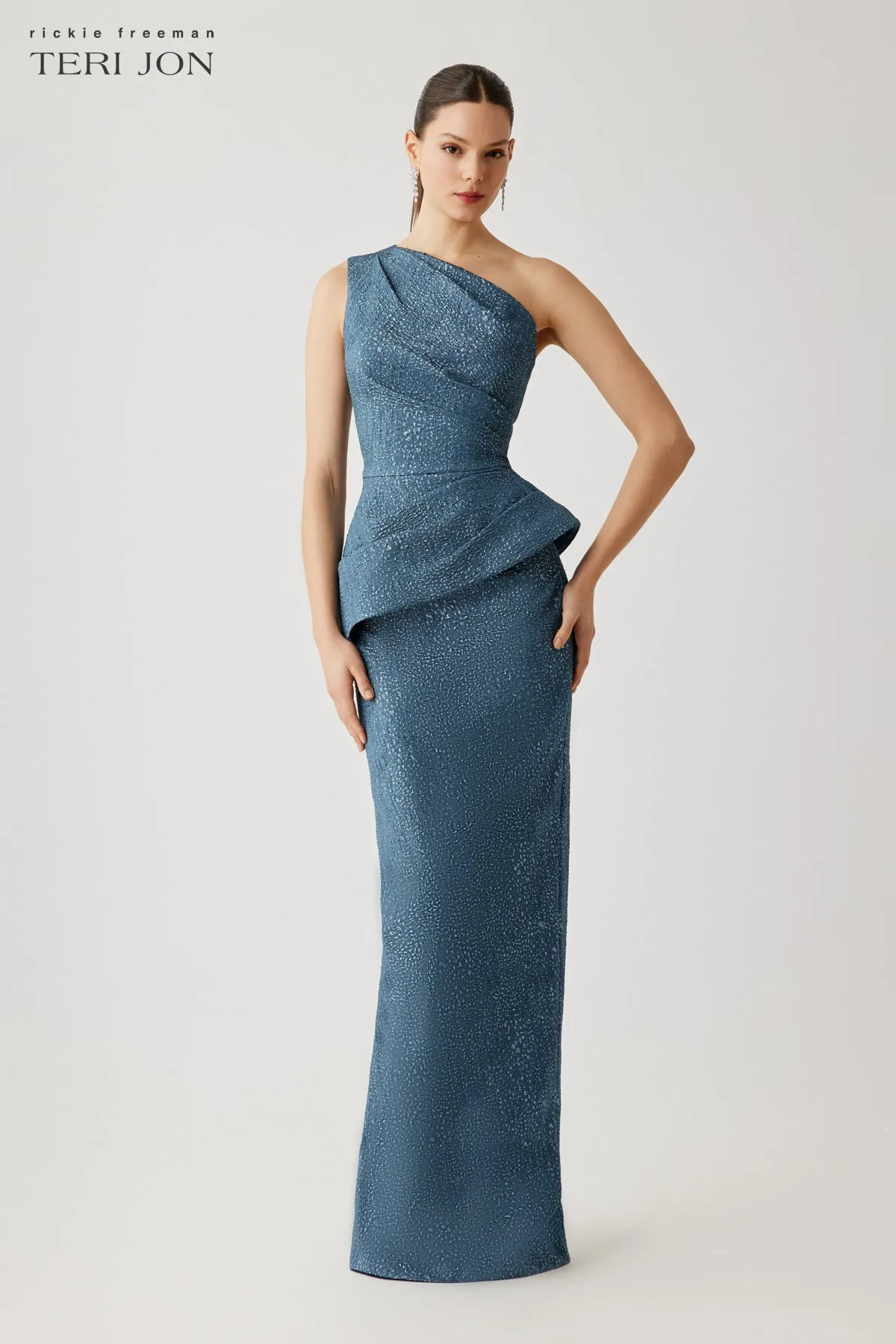 Metallic Jacquard One Shoulder Side Drape Peplum Gown sold by Teri Jon product image thumbnail 2