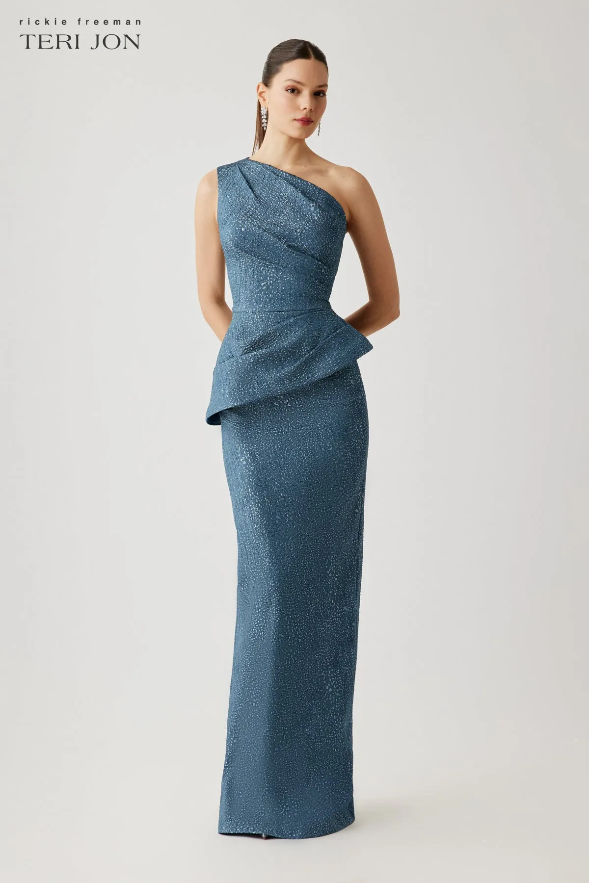 Metallic Jacquard One Shoulder Side Drape Peplum Gown sold by Teri Jon product image thumbnail 3