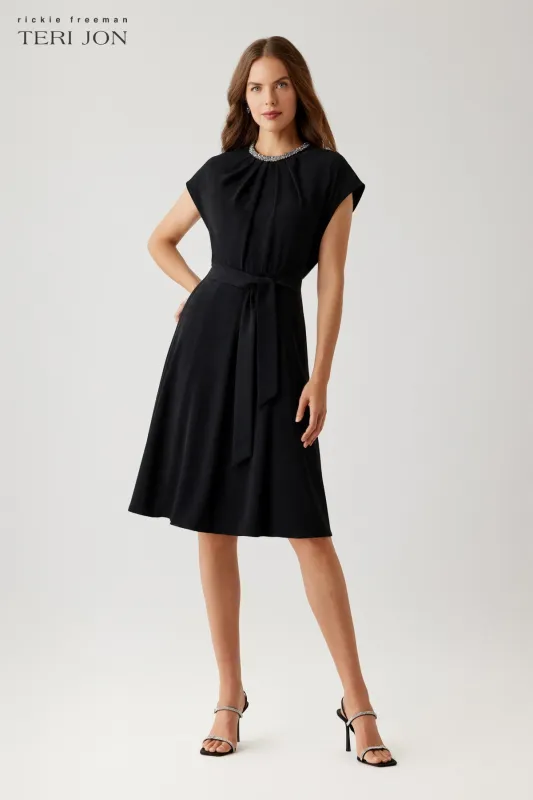 Crepe Necklace Trim Capelet Sleeve Drape Aline Dress made by Teri Jon