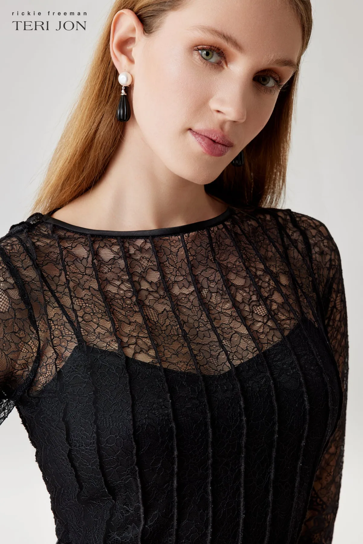 Lace Pintuck Ruffle Hem Dress sold by Teri Jon product image thumbnail 3