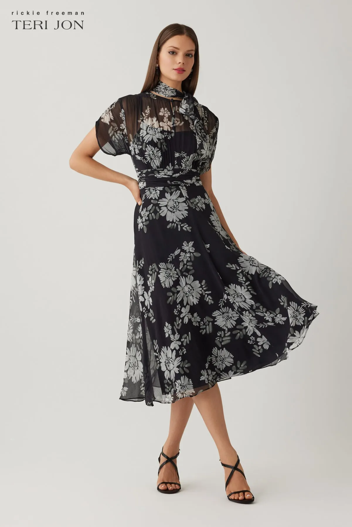 Chiffon Tie Neck Print Smock Shoulder Dress sold by Teri Jon product image thumbnail 3