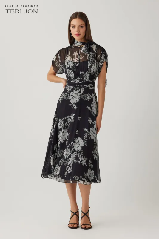 Chiffon Tie Neck Print Smock Shoulder Dress made by Teri Jon
