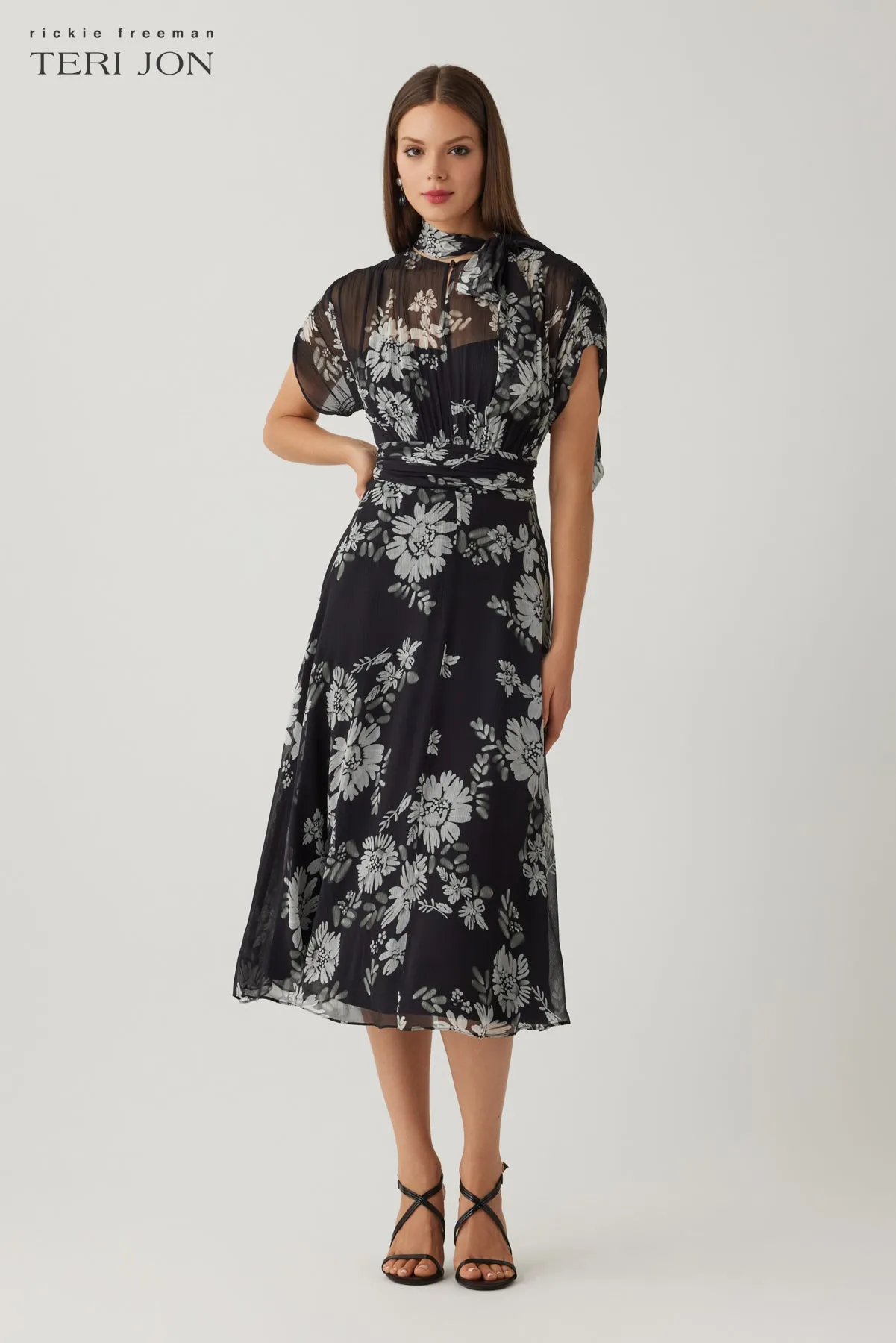 Chiffon Tie Neck Print Smock Shoulder Dress sold by Teri Jon