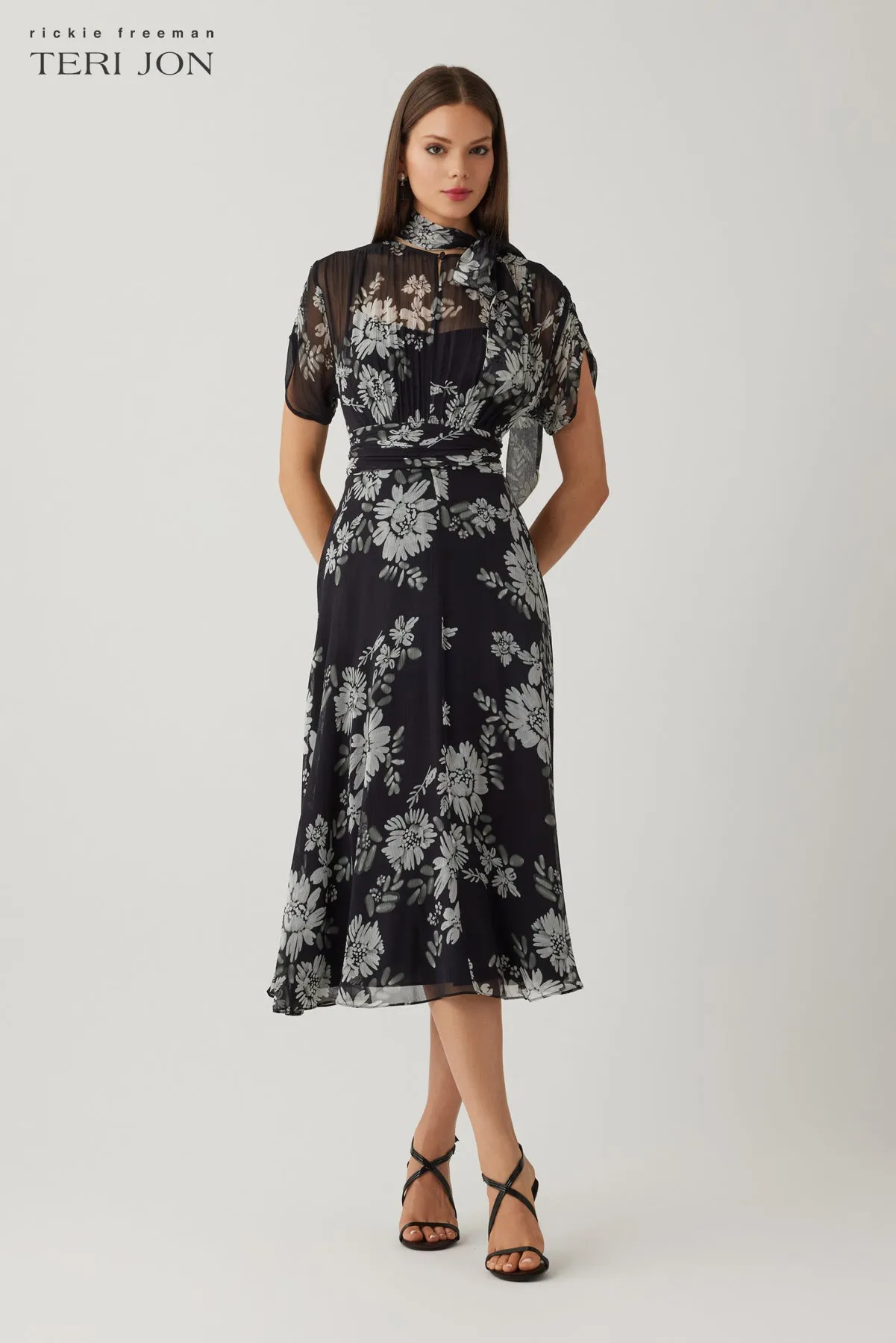 Chiffon Tie Neck Print Smock Shoulder Dress sold by Teri Jon product image thumbnail 2