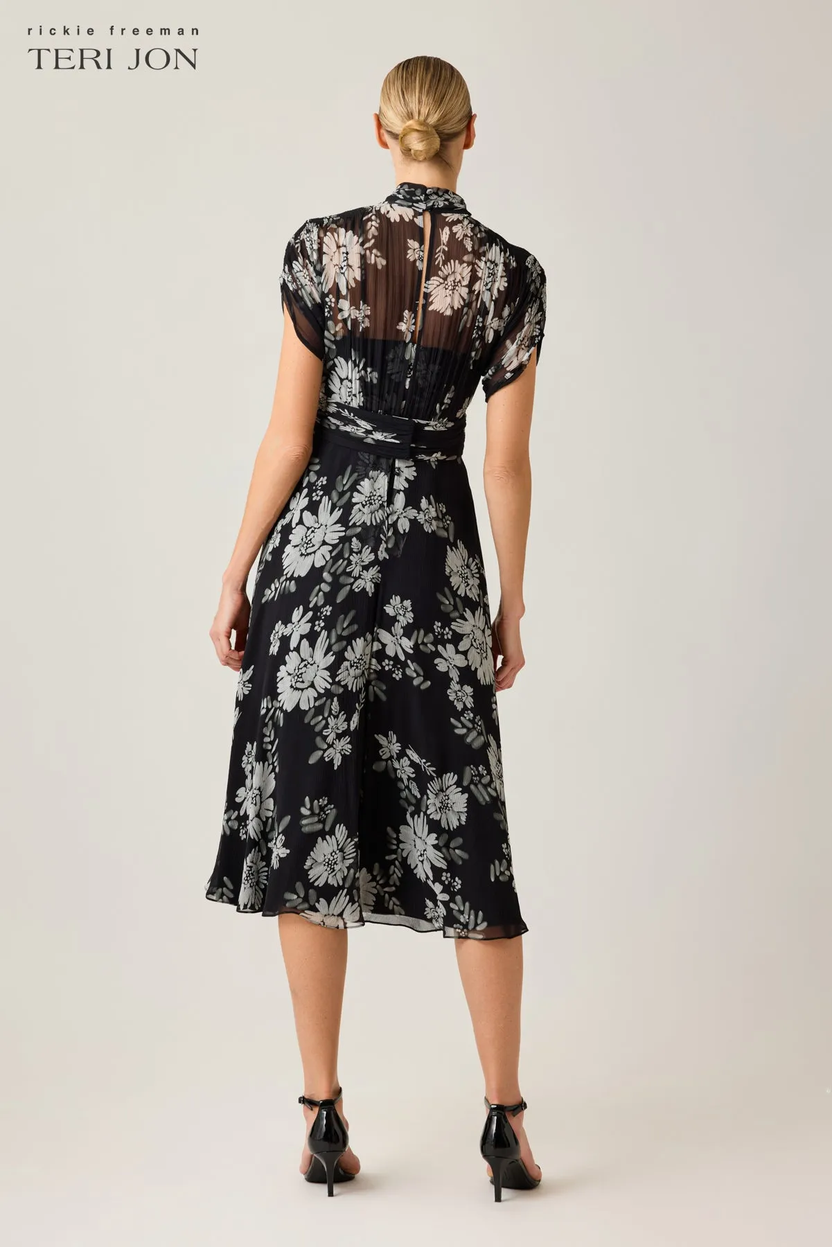 Chiffon Tie Neck Print Smock Shoulder Dress sold by Teri Jon product image thumbnail 4