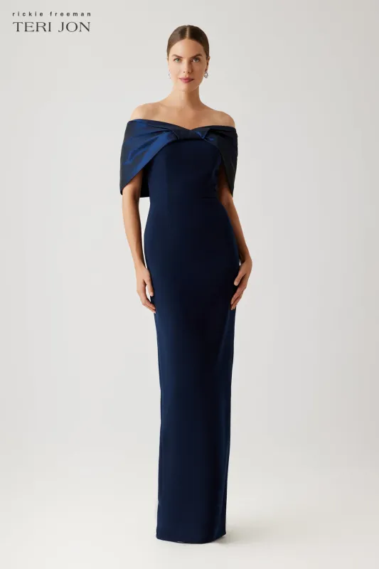Crepe Gown With Taffeta Off The Shoulder Twist And Back Drape made by Teri Jon