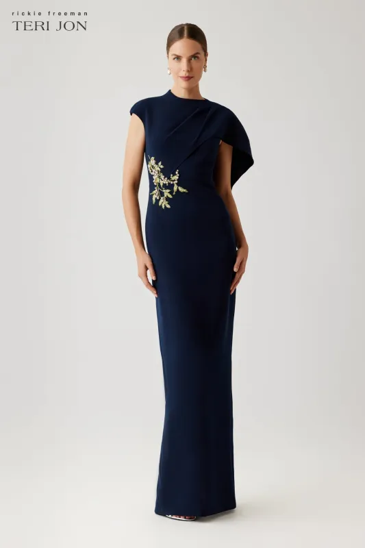 Crepe Asymmetric Capelet Pearl Applique Waist Trim Gown made by Teri Jon