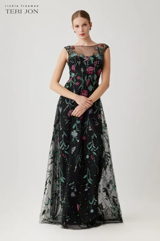 Embroidered Tulle Cap Sleeve Fit And Flare Gown made by Teri Jon
