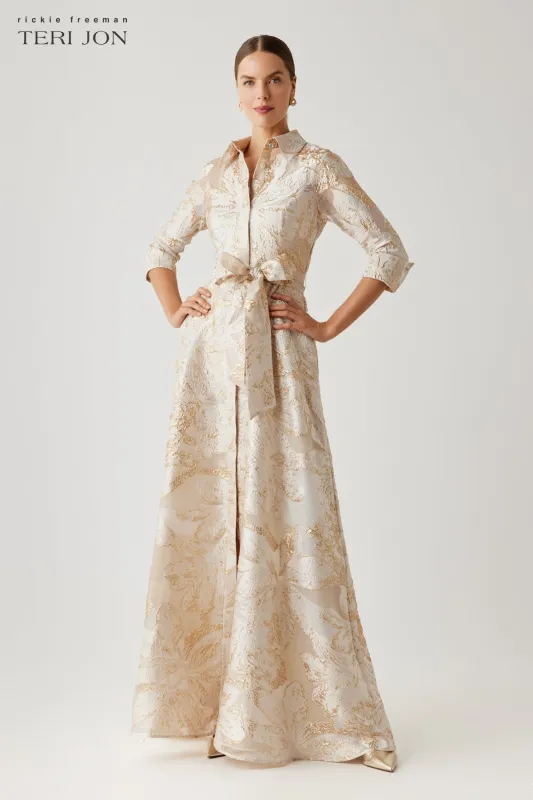 Metallic Burn Out Jacquard Shirt Waist Gown made by Teri Jon