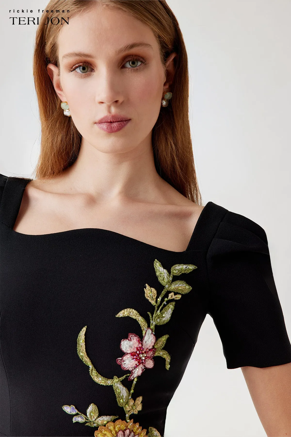 Stretch Crepe Short Puff Sleeve Scalloped Dress sold by Teri Jon product image thumbnail 4