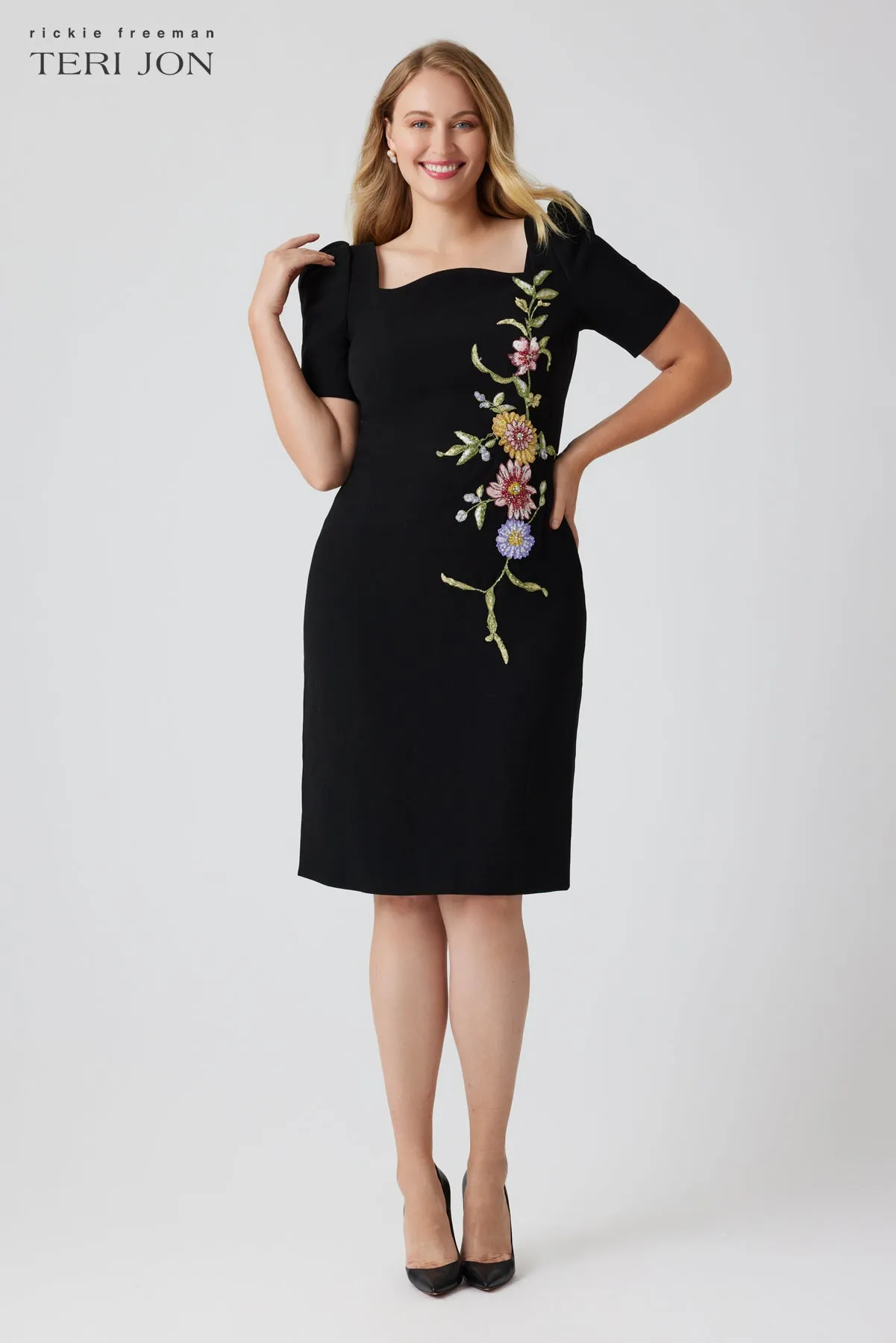Stretch Crepe Short Puff Sleeve Scalloped Dress sold by Teri Jon product image thumbnail 2