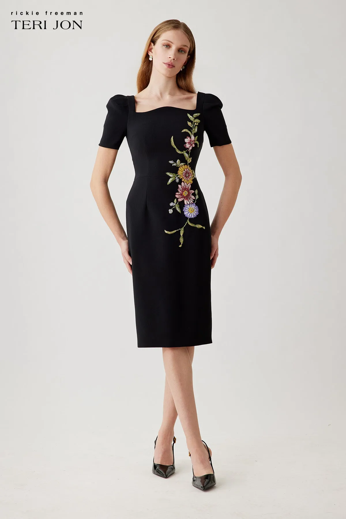 Stretch Crepe Short Puff Sleeve Scalloped Dress sold by Teri Jon