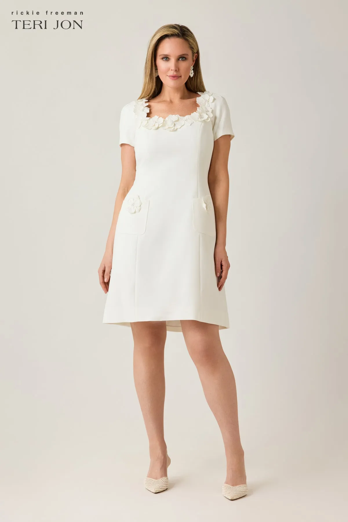 Crepe 3D Flower And Pearl Trim Scoop Neck Dress sold by Teri Jon product image thumbnail 4