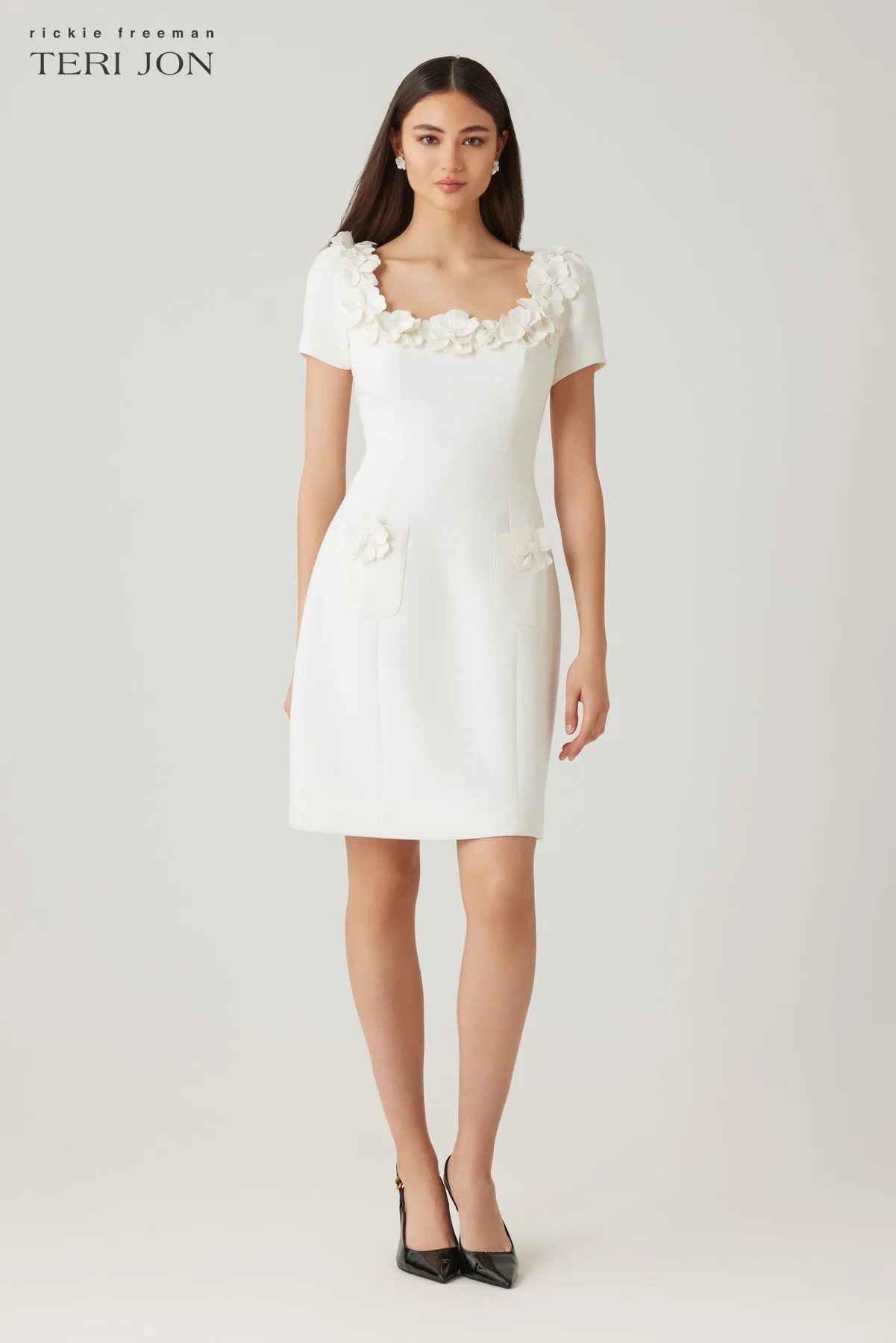 Crepe 3D Flower And Pearl Trim Scoop Neck Dress sold by Teri Jon