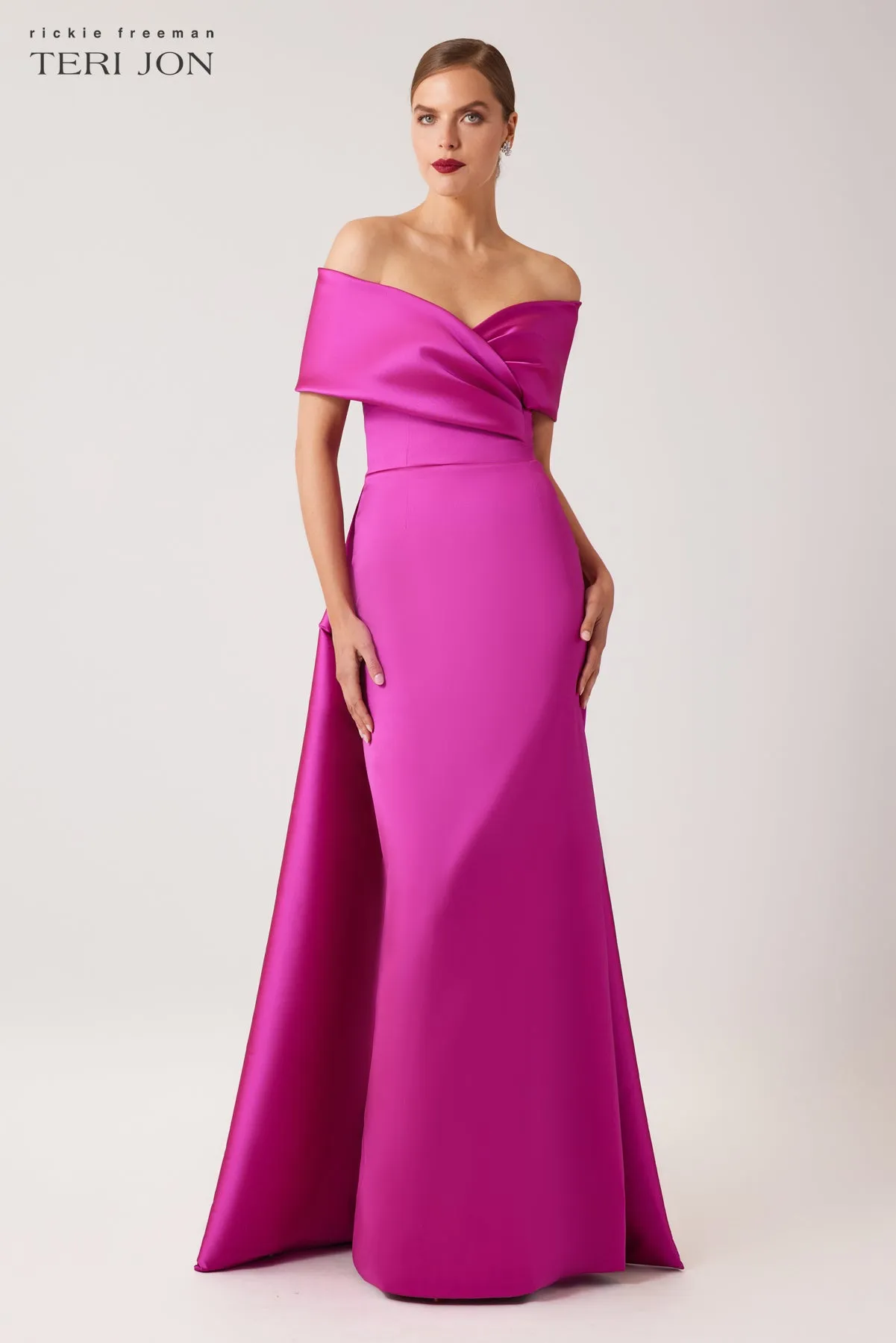 Stretch Gazar Portrait Gown With Cape Detail sold by Teri Jon