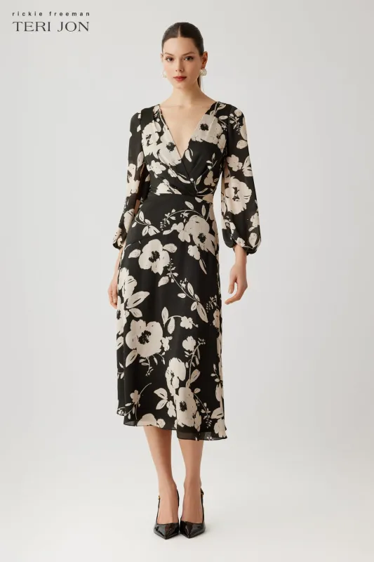Twill V Neck Long Sleeve Floral Print Dress made by Teri Jon