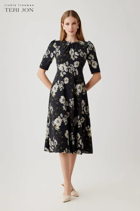 Crepe Pearl Trim Short Sleeve Floral Print Dress made by Teri Jon