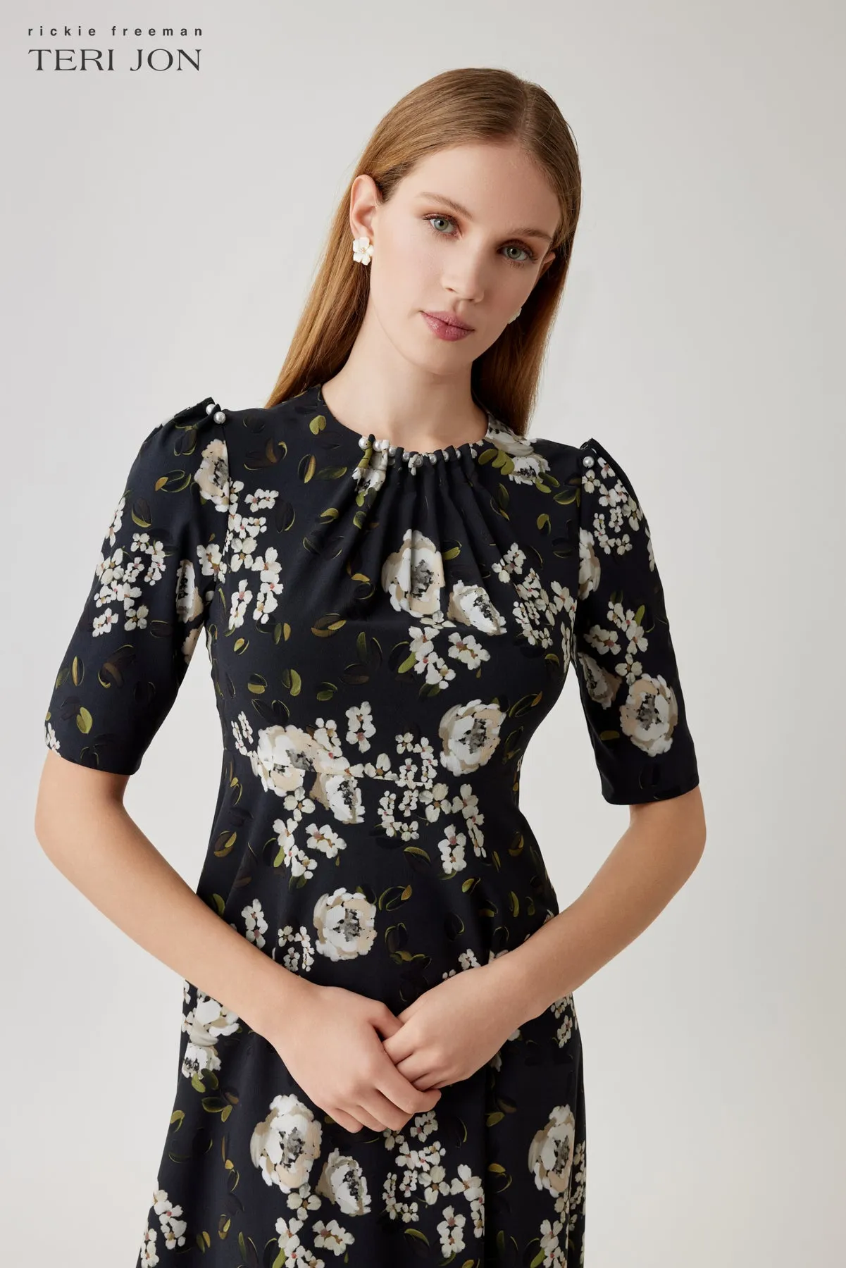 Crepe Pearl Trim Short Sleeve Floral Print Dress sold by Teri Jon product image thumbnail 3
