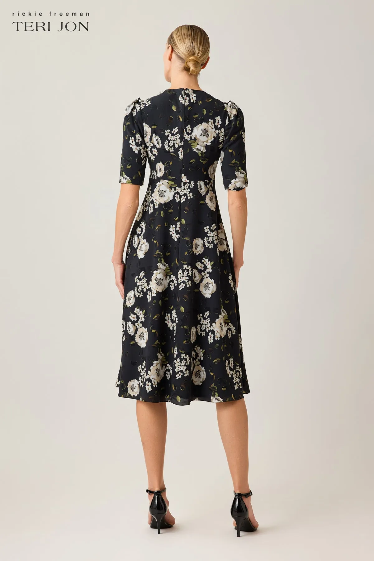 Crepe Pearl Trim Short Sleeve Floral Print Dress sold by Teri Jon product image thumbnail 5