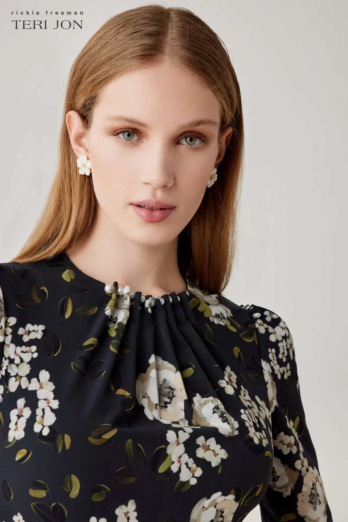 Crepe Pearl Trim Short Sleeve Floral Print Dress sold by Teri Jon product image thumbnail 4