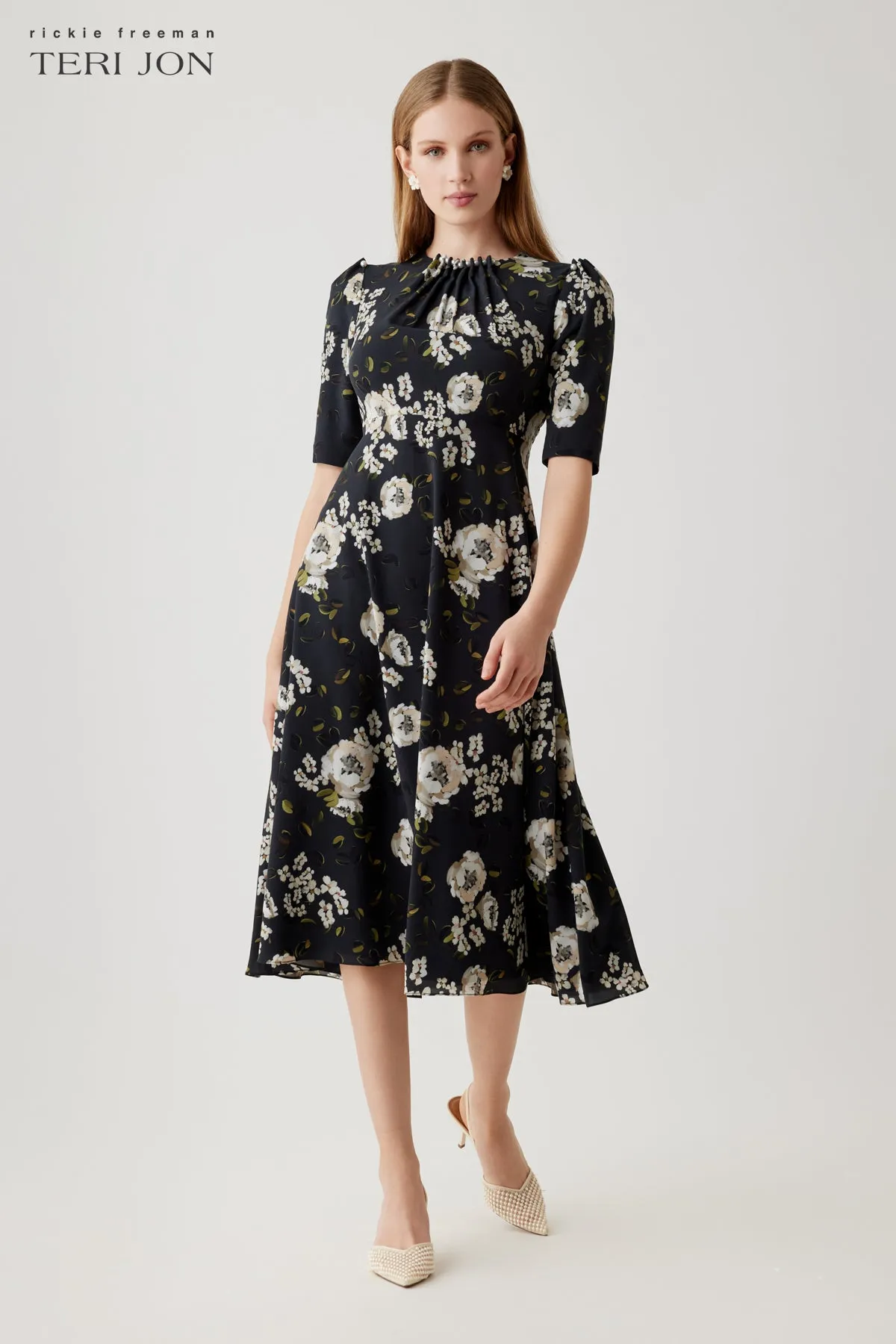Crepe Pearl Trim Short Sleeve Floral Print Dress sold by Teri Jon product image thumbnail 2