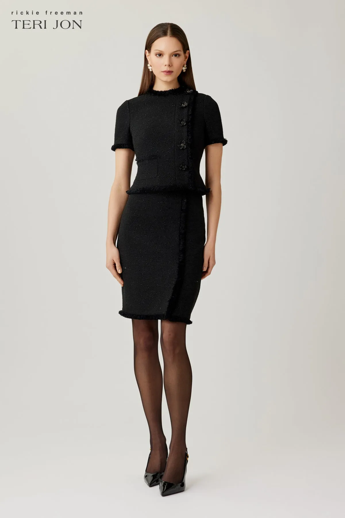 Tweed Fringe Trim Short Sleeve Dress sold by Teri Jon