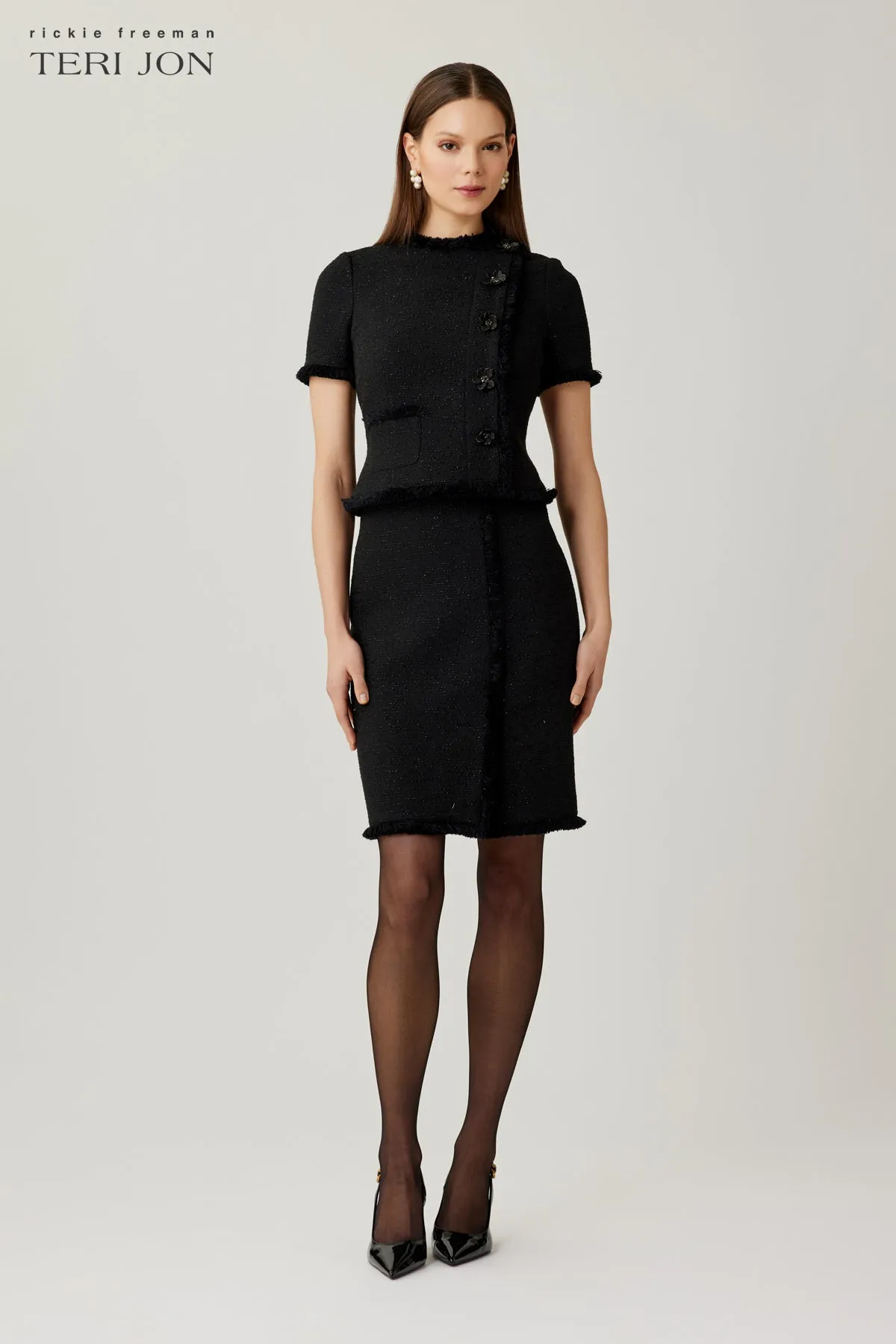 Tweed Fringe Trim Short Sleeve Dress sold by Teri Jon product image thumbnail 3