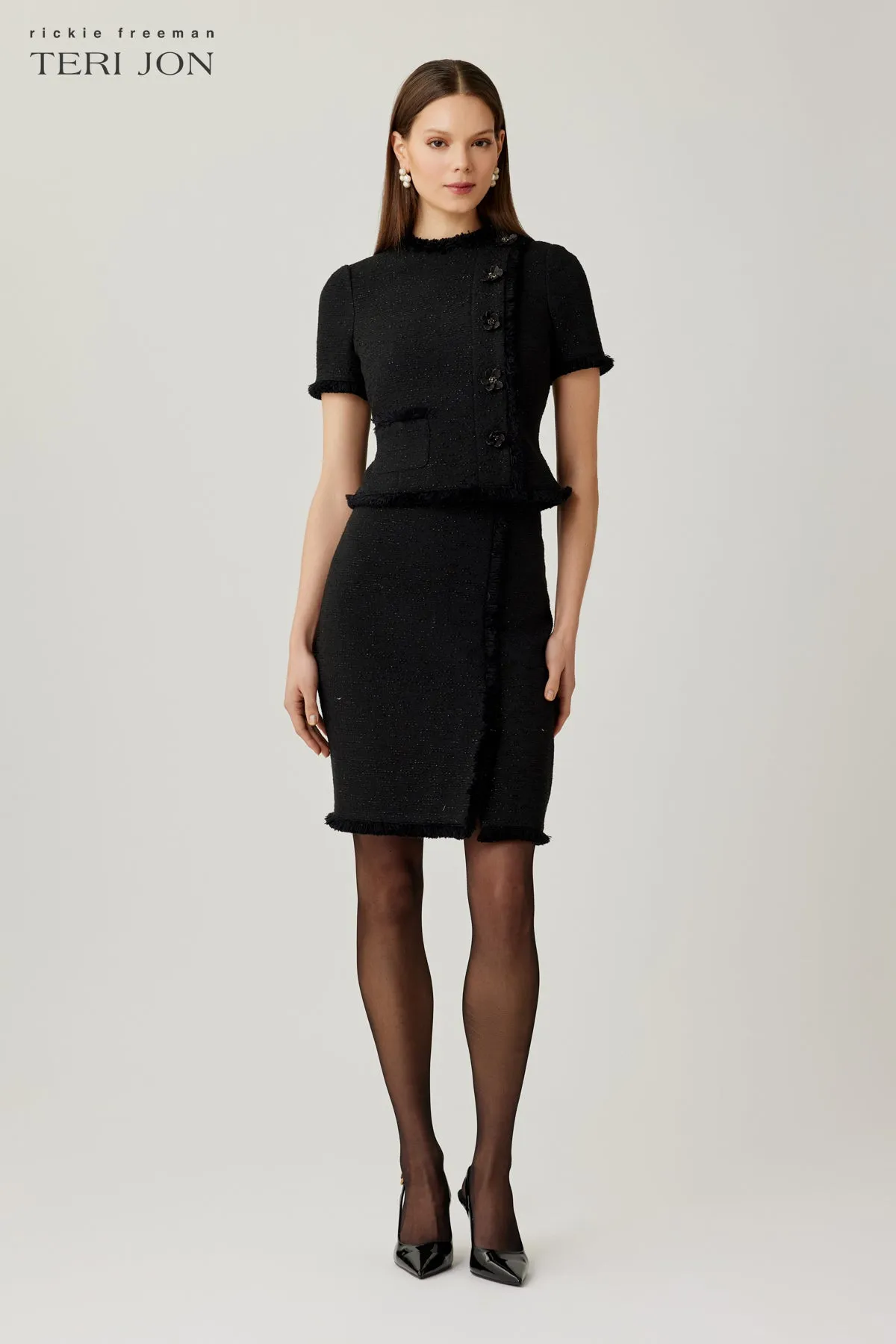 Tweed Fringe Trim Short Sleeve Dress sold by Teri Jon product image thumbnail 4