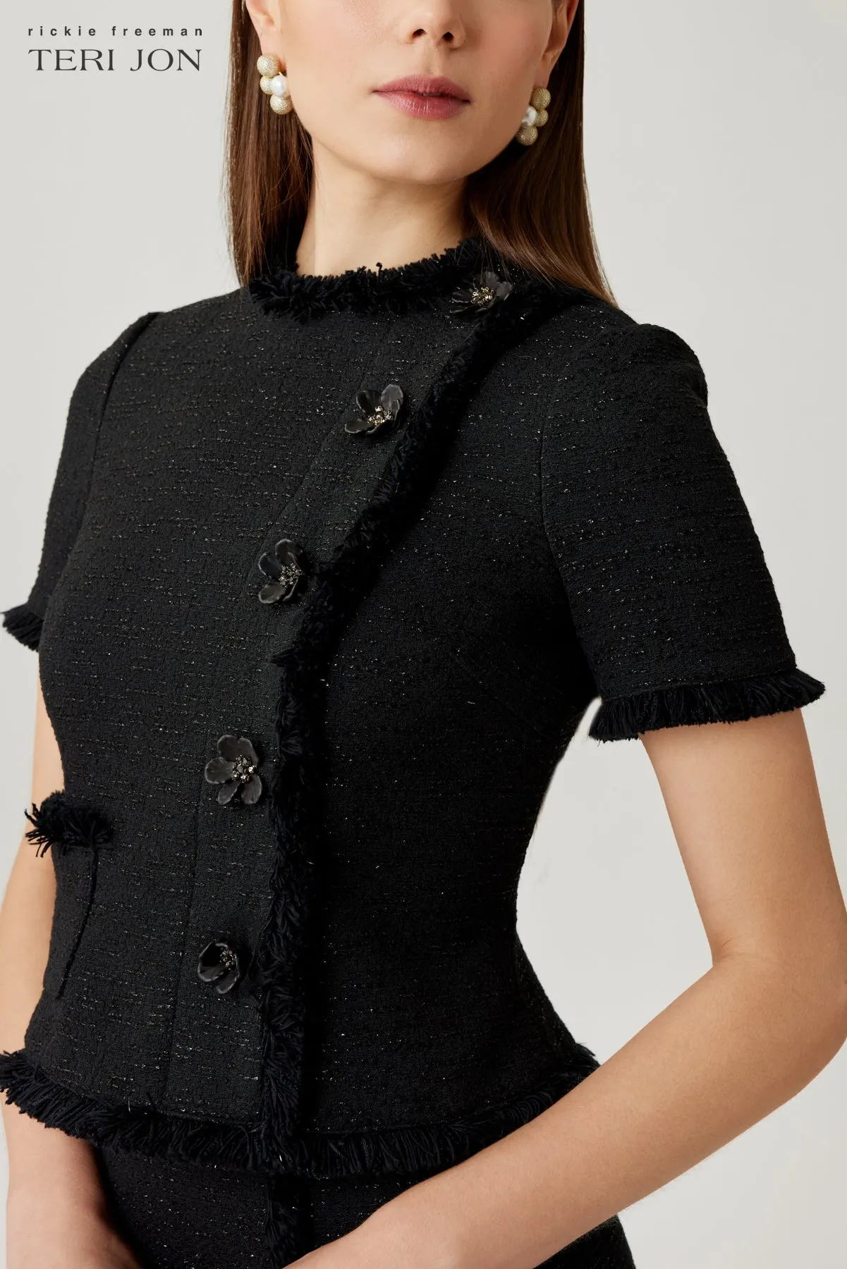 Tweed Fringe Trim Short Sleeve Dress sold by Teri Jon product image thumbnail 5