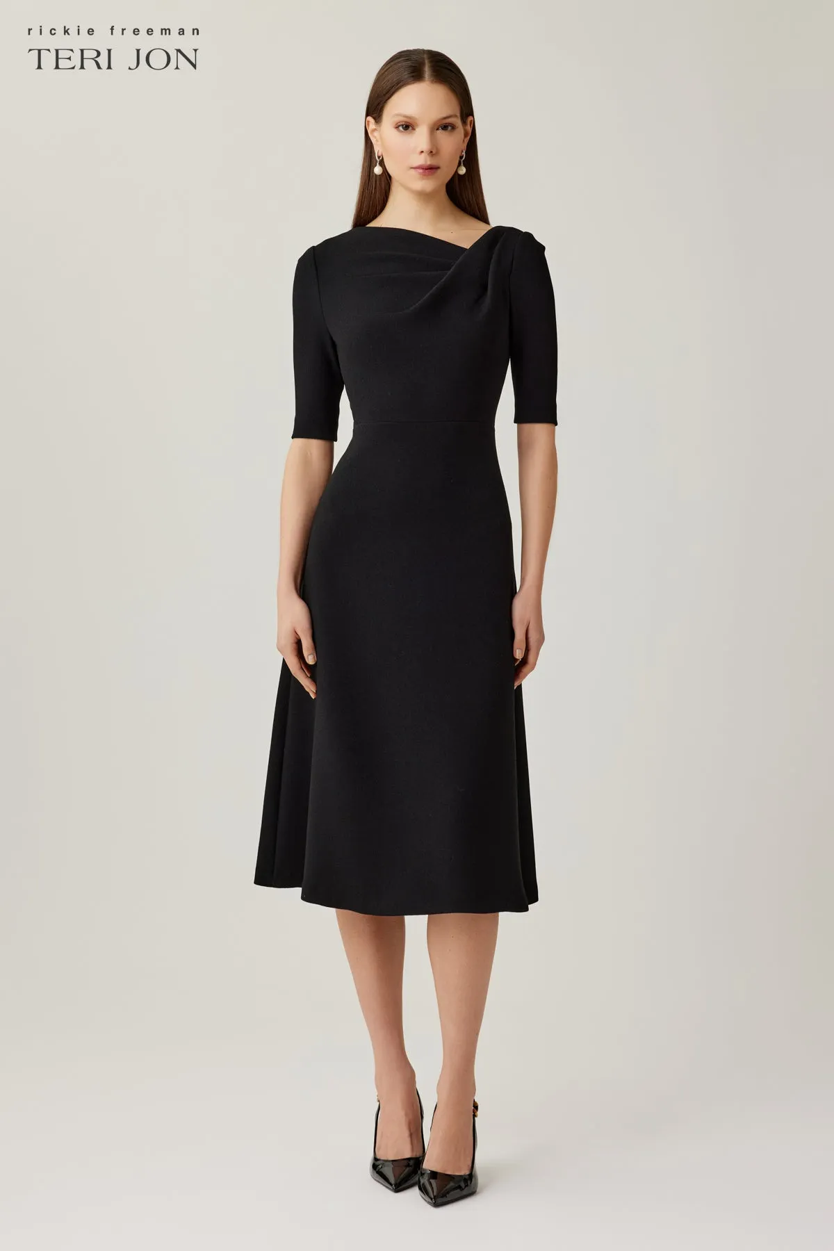 Crepe Asymmetrical Draped A Line Dress sold by Teri Jon